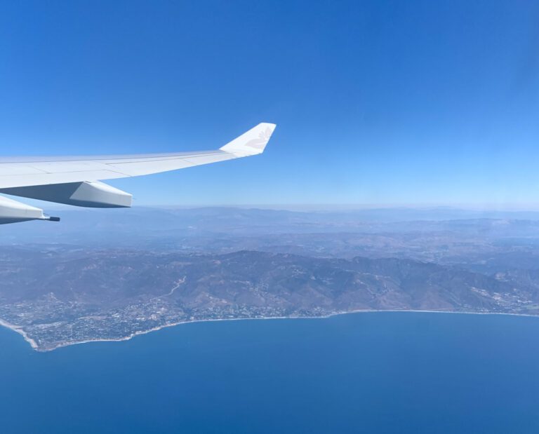 Plane wing over the ocean on the way to japan. main image for what it's like to be on a dependent visa in japan.