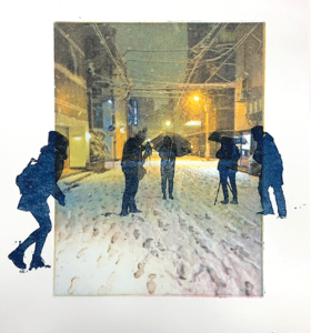 5 Ways to manage Reverse Culture Shock header image. CMYK Photopolymer Print of a snowy day overlayed with 5 figures playing 500pxw