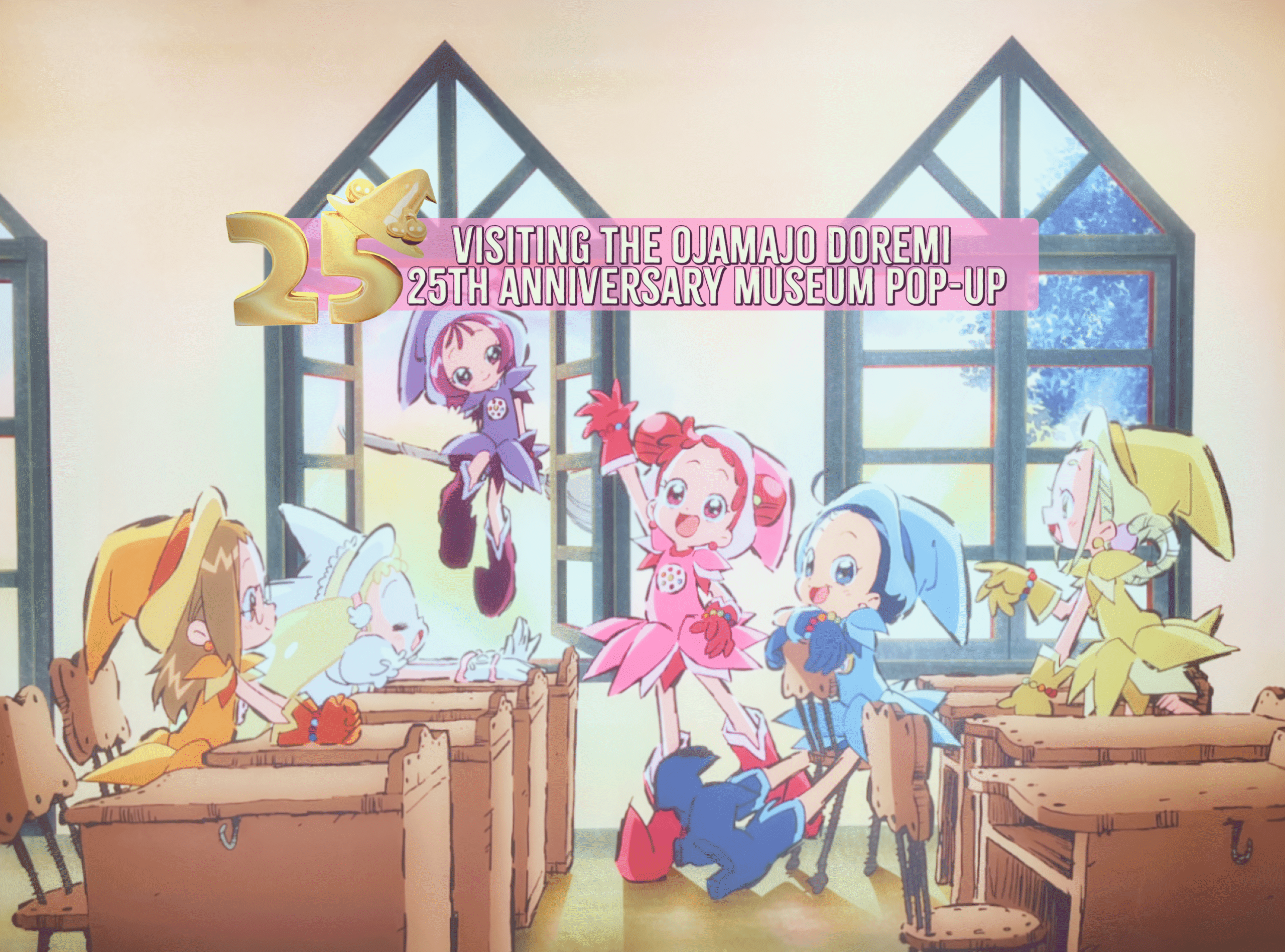 a photo from the exhibit "The Ojamajo Doremi 25th Anniversary Museum Pop-up" overlaid with text