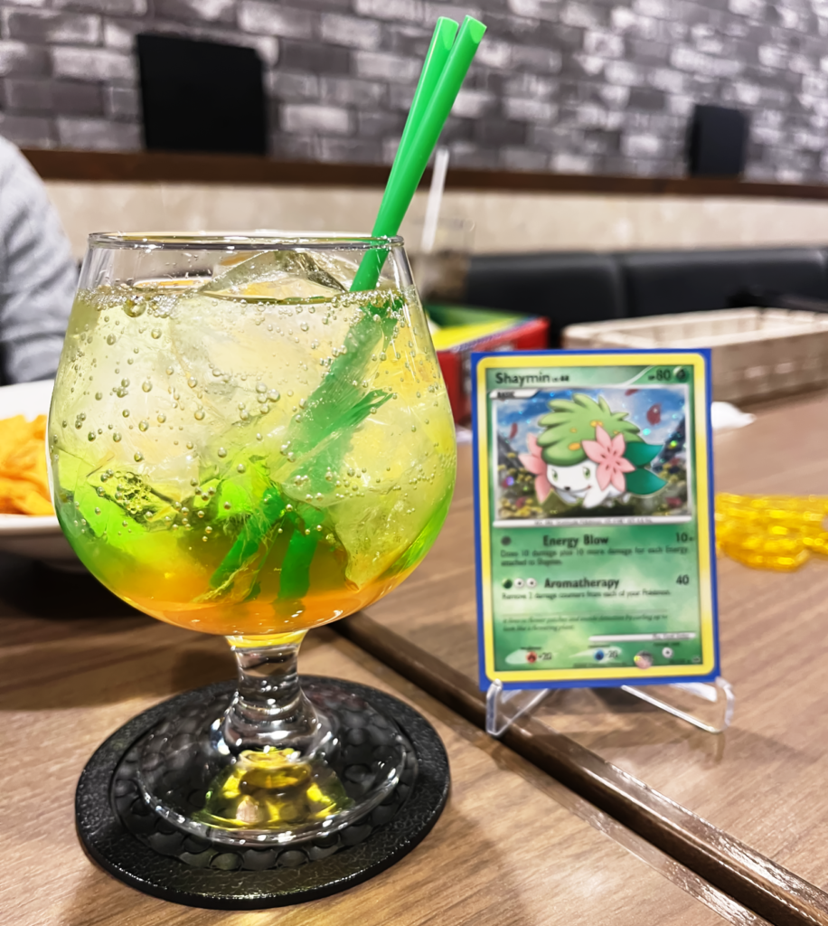 tcg board game and bar fun drink based on the pokemon, shaymin's card